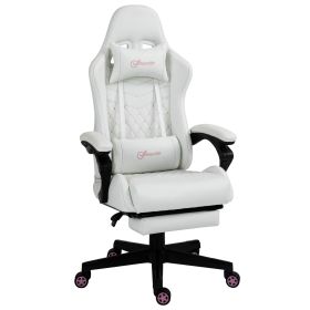 Racing Gaming Chair White PU Leather Comfort Swivel Wheel Retractable Footrest