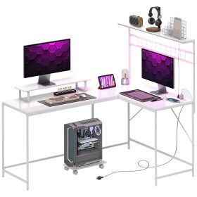 61.6" L Shaped Gaming Desk with Power Outlets & LED Lights, Computer Desk with Monitor Stand and CPU Shelf, White