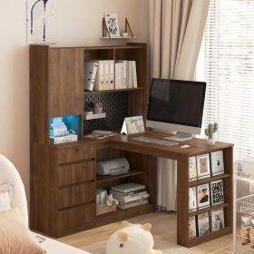 L Shaped Desk,Computer Desk with Drawers,Bookshelf,with LED Light,Modern Corner Desk,Home Office Desk,L-Shaped Study Table Writing Desk