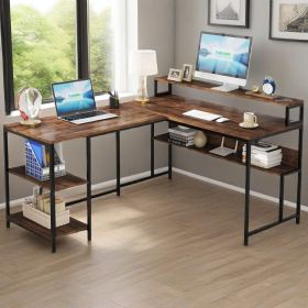 L Shaped Desk with Shelves, 59" Reversible Computer Desk with 2 Monitor Stands & Bookshelf, Corner Deep Gaming Desk for Home Offic