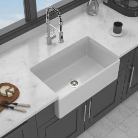Porcelain Apron Front Farmhouse Sink - Single Bowl Ceramic Kitchen Basin (Color: White + Ceramic)